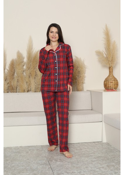 Kadın Pijama Takımı-Ekose Desenli - Pat Yakalı-Düğmeli 12284 modelleri