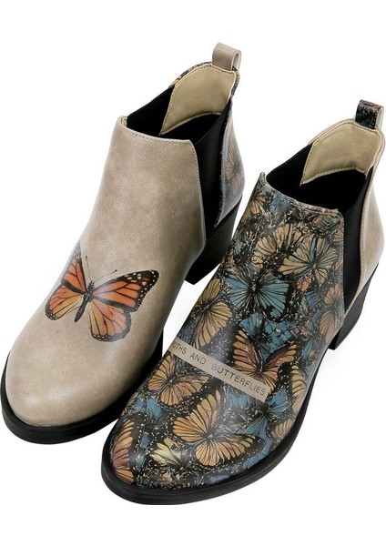 Kadın Vegan Deri Bej Bilekte Bot - Moths And Butterflies Tasarım