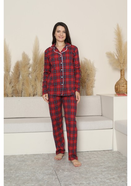 Kadın Pijama Takımı-Ekose Desenli - Pat Yakalı-Düğmeli 12284 fırsatları