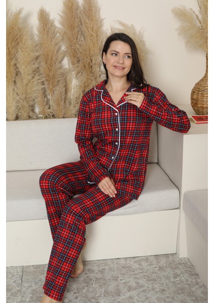 Kadın Pijama Takımı-Ekose Desenli - Pat Yakalı-Düğmeli 12284 indirimleri