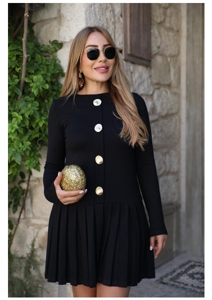 Buketli Kadın Uzun Kollu Eteği Pliseli Iri Düğme Detaylı Kısa Elbise