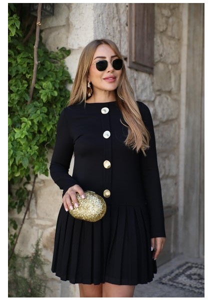 Buketli Kadın Uzun Kollu Eteği Pliseli Iri Düğme Detaylı Kısa Elbise indirimleri