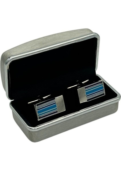 Mavi Lacivert Çizgili Gümüş Rengi Dikdörtgen Kol Düğmesi