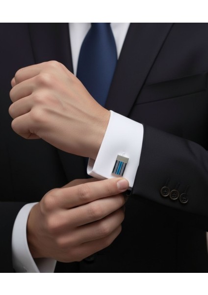 Mavi Lacivert Çizgili Gümüş Rengi Dikdörtgen Kol Düğmesi fiyatları