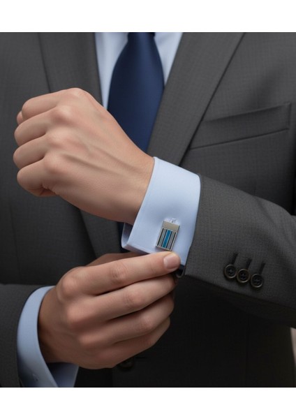 Mavi Lacivert Çizgili Gümüş Rengi Dikdörtgen Kol Düğmesi modelleri