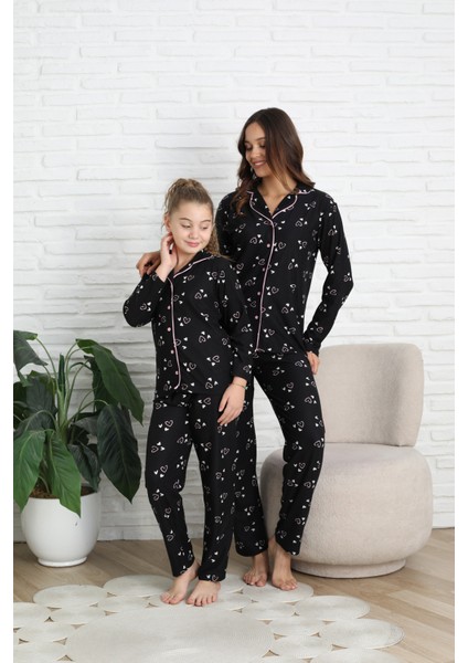 Anne-Kız Pat Yakalı ve Düğme Kapamalı Pijama Takımı 12288