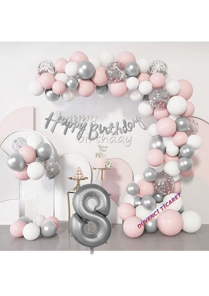 Pembe Gümüş Doğum Günü Balon Zincir Set
