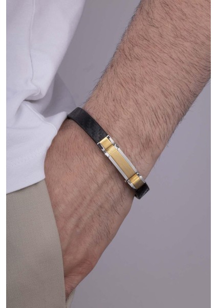 Çelik Aparatlı Çift Renk Erkek Deri Bileklik