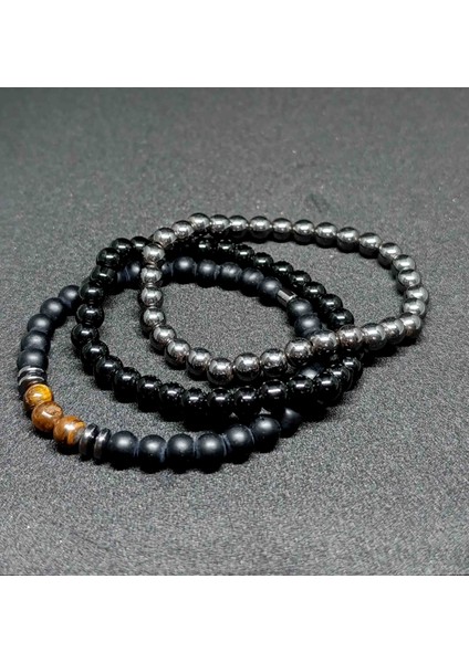 6 mm Hematit-Oniks-Kaplangözü Kombinli Tasarım Doğaltaş Erkek Bileklik Marron Doğaltaş