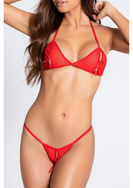 Büyük Beden Ağı Açık Kırmızı Sütyen Külot Takımı