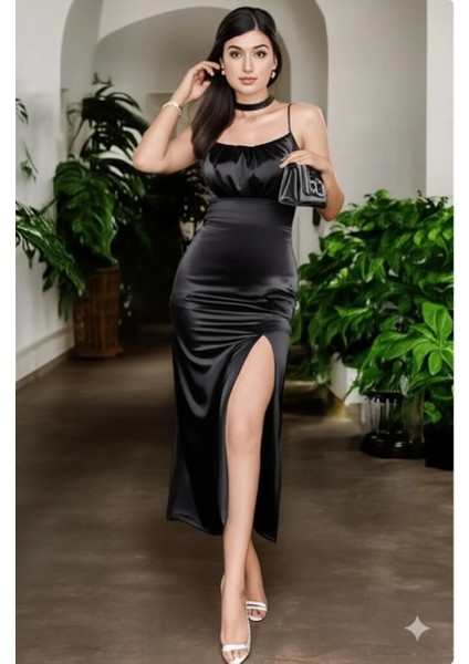 Ince Askılı Göğüs Drapeli Saten Elbise Siyah 583217