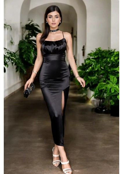 Ince Askılı Göğüs Drapeli Saten Elbise Siyah 583217 fiyatları