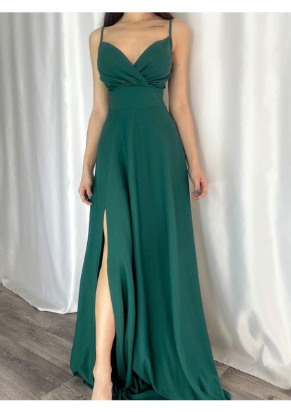 Askılı Kruvaze Yaka Yırtmaç Detaylı Krep Kumaş Mezuniyet Düğün ve Nikah Elbisesi 582664