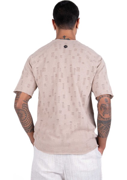 Erkek Kısa Kollu Bej Renkli , Düğmeli Patlı, Pis Yakalı Pamuklu Dokuma T-Shirt