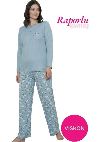 Kadın Çiçek Desen 3 Düğmeli Raporlu Kışlık Viskon Uzun Kol Pijama Takımı