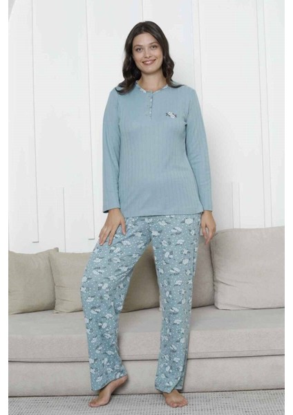 Kadın Çiçek Desen 3 Düğmeli Raporlu Kışlık Viskon Uzun Kol Pijama Takımı
