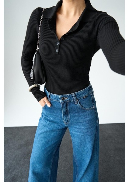 Polo Yaka 6 Düğmeli Kazak - Siyah