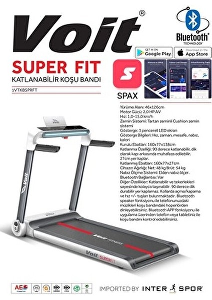 Super Fit Katlanabilir Koşu Bandı 2 HP Motor Gücü ile 0-15 km/s Hız Seçenekleri Sunar