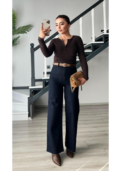 Lacivert Kemerli Paça Kesik Straight Jean