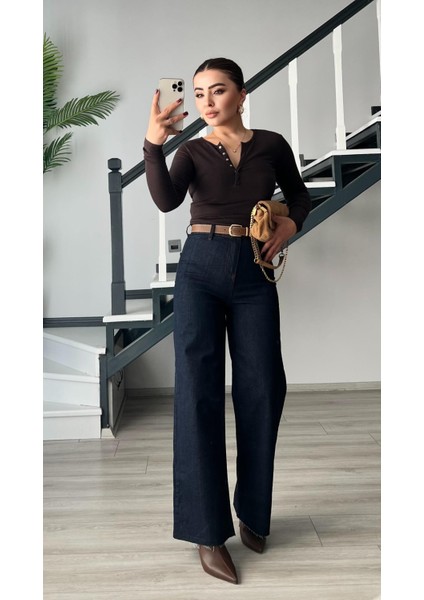 Lacivert Kemerli Paça Kesik Straight Jean modelleri