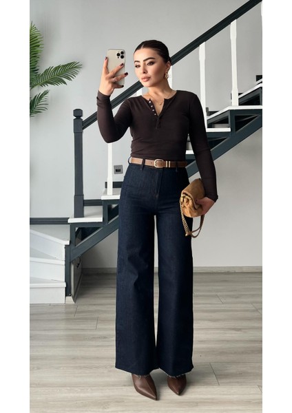 Lacivert Kemerli Paça Kesik Straight Jean indirimleri