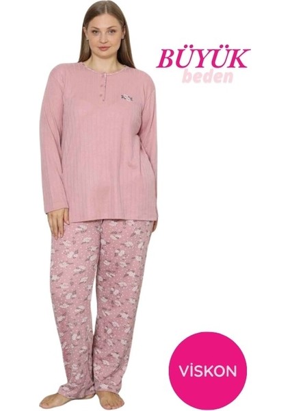 Kadın Çiçek Desen 3 Düğmeli Raporlu Kışlık Viskon Uzun Kol Pijama Takımı
