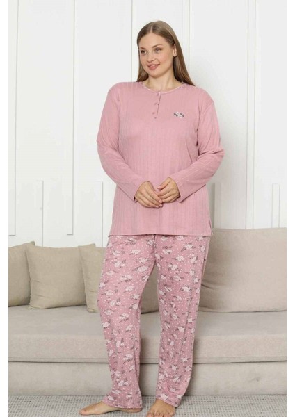 Kadın Çiçek Desen 3 Düğmeli Raporlu Kışlık Viskon Uzun Kol Pijama Takımı