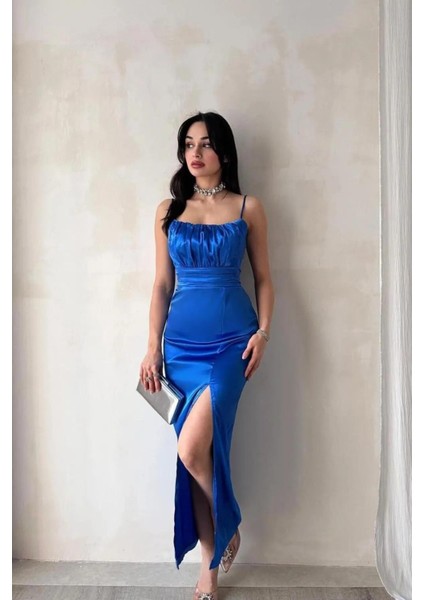 Ince Askılı Göğüs Drapeli Saten Elbise Saks 583217