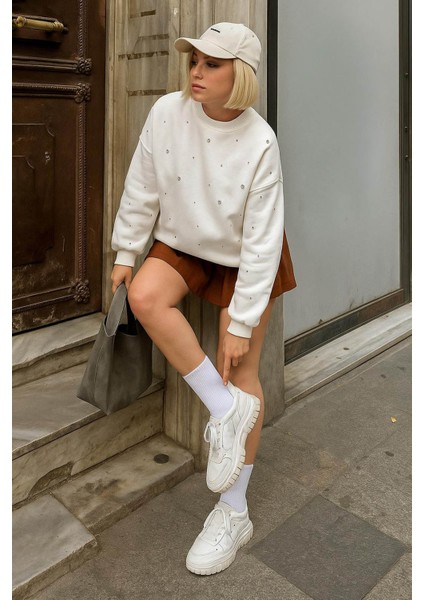 Bisiklet Yaka Taşlı Ekru Kadın Sweatshirt 25K0099K1