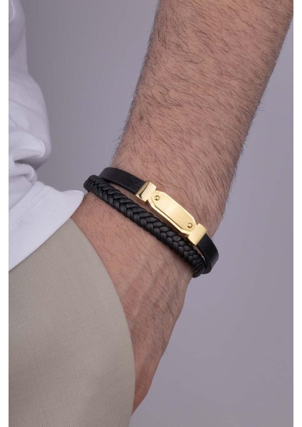Altın Kaplama Çelik Aparatlı 2 Parçalı Erkek Deri Bileklik