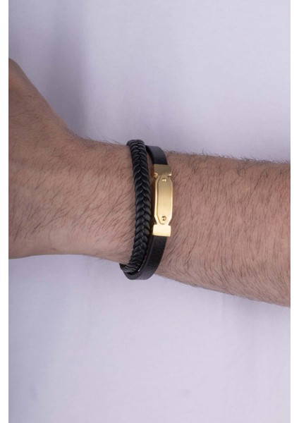Altın Kaplama Çelik Aparatlı 2 Parçalı Erkek Deri Bileklik fiyatları