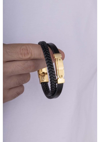 Altın Kaplama Çelik Aparatlı 2 Parçalı Erkek Deri Bileklik modelleri