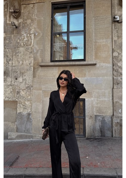 Saten Kruvaze Bağlamalı Bluz- Pantolon Takım - Siyah fırsatları