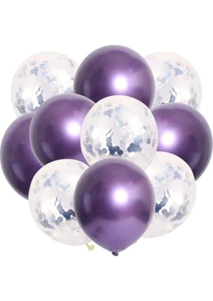 Gümüş Konfetili Krom Mor Balon Seti 10 Lu