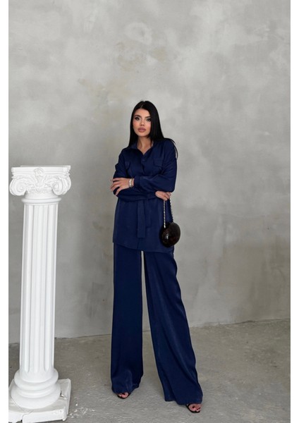 Simli Kumaş Salaş Pantolon - Gömlek Takım - Lacivert