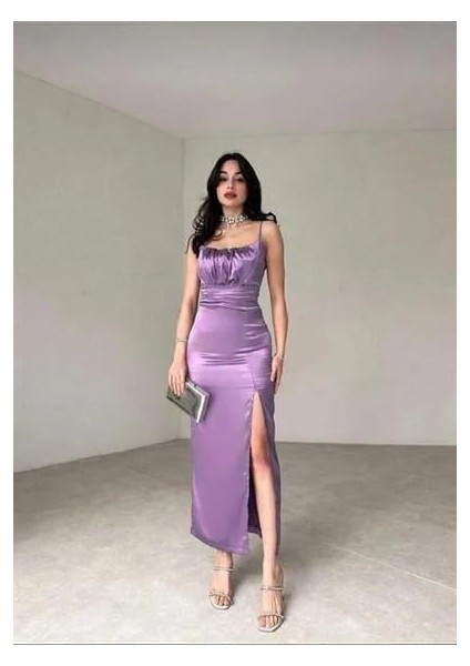 Ince Askılı Göğüs Drapeli Saten Elbise Mor 583217
