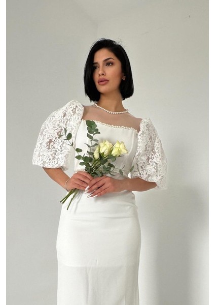 Beyaz Incili Tül Detay Elbise fiyatları