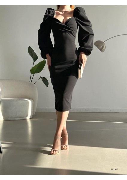 Kruvaze Yaka Balon Kol Ithal Krep Kumaş Midi Boy Elbise