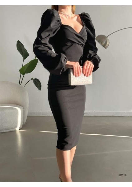 Kruvaze Yaka Balon Kol Ithal Krep Kumaş Midi Boy Elbise fiyatları