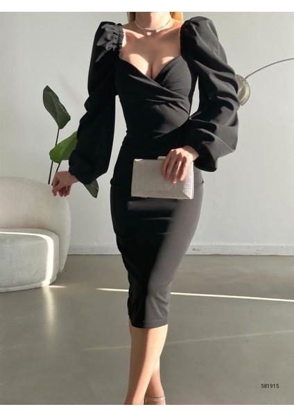 Kruvaze Yaka Balon Kol Ithal Krep Kumaş Midi Boy Elbise modelleri