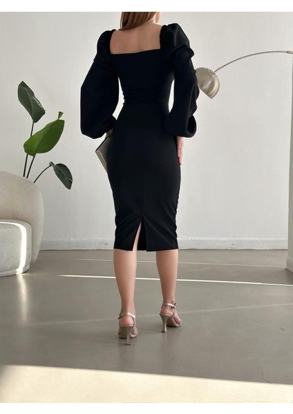 Kruvaze Yaka Balon Kol Ithal Krep Kumaş Midi Boy Elbise fırsatları