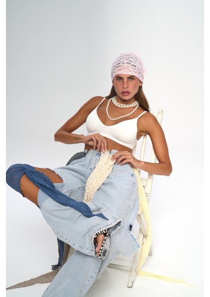 Miray Üçgen Kesim Pembe Dantel Bandana