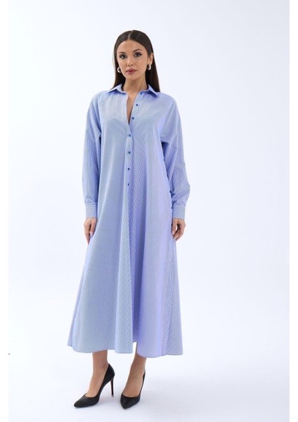 5857 Elbise-Mavi Beyaz Çizgili