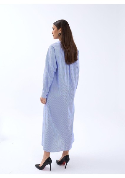 5857 Elbise-Mavi Beyaz Çizgili