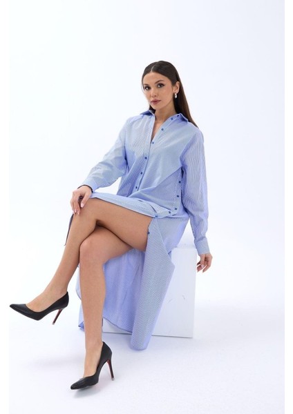 5857 Elbise-Mavi Beyaz Çizgili