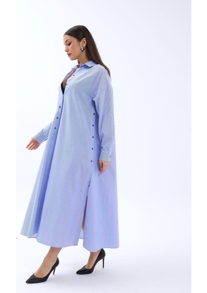 5857 Elbise-Mavi Beyaz Çizgili