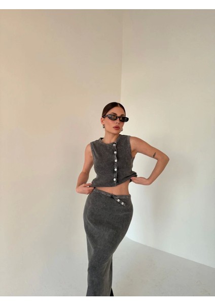 Uzun Etekli Önü Düğmeli Badi Ikili Takım- Antrasit