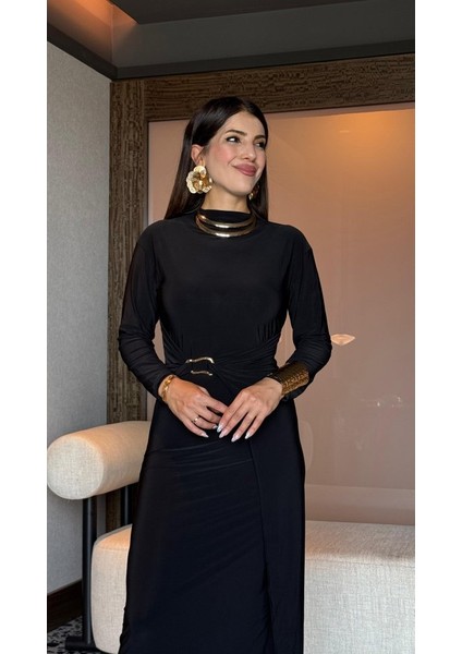 Kadın Balıkçı Yaka Toka Detay Sandy Kumaş Midi Boy Elbise fırsatları