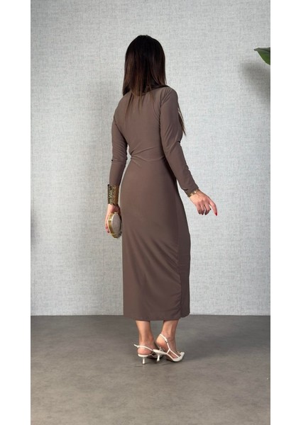 Kadın Balıkçı Yaka Toka Detay Sandy Kumaş Midi Boy Elbise fırsatları