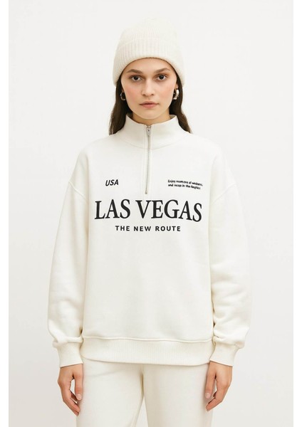 Oversize Yakası Fermuarlı Ekru Kadın Sweatshirt 25K0010K1 fiyatları